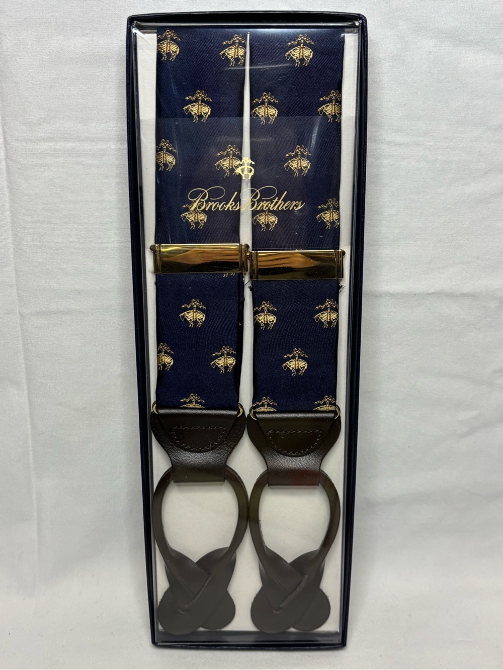 Brooks Brothers Golden Fleece Silk Suspenders Navy with Leather Braces NIB #6106